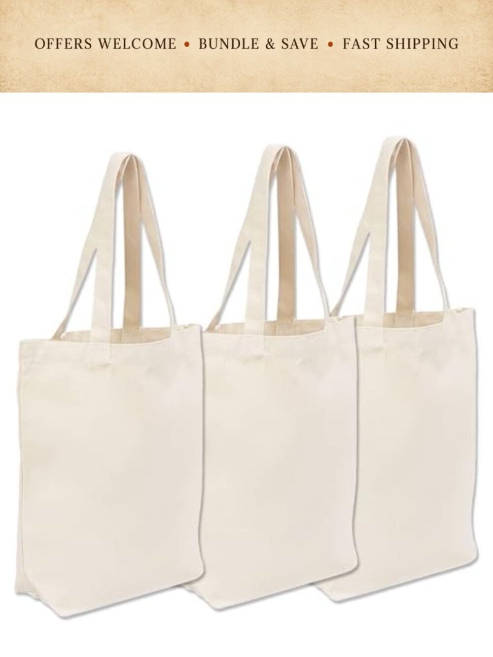 Canvas Tote Bags 3 Pack Cotton Reusable Grocery Shopping Bag Heavy Duty